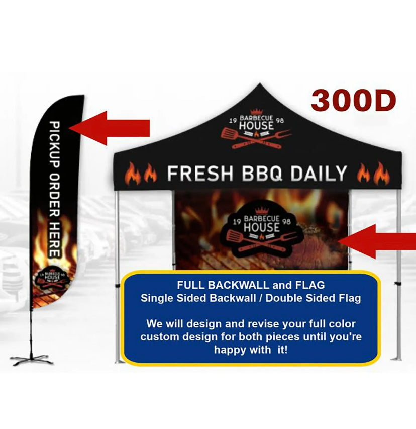 Custom 300D Full Backwall and 11 ft Flag Accessory Combo for your 10 x 10 Tent