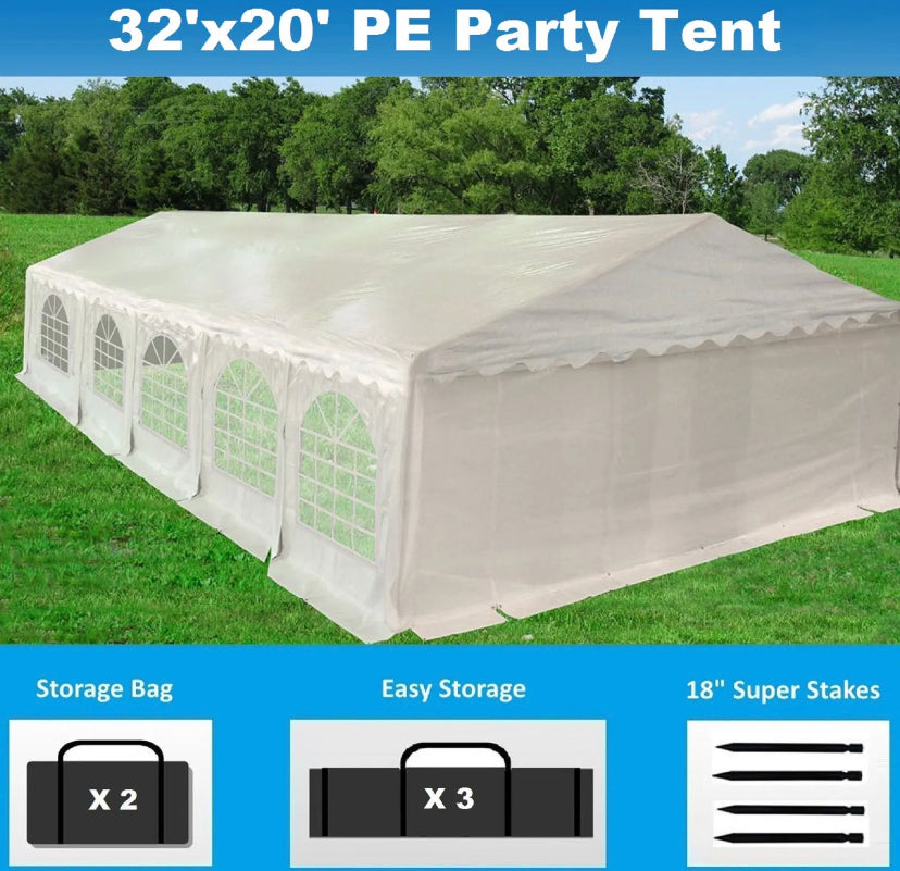 32' x 20' PE Party Tent - Heavy Duty Carport Canopy Wedding Shelter - White